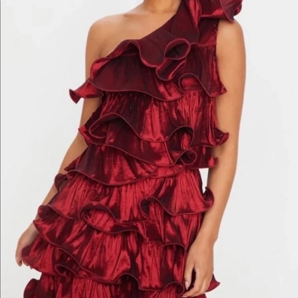 Burgundy One Shoulder Tiered Frill Shift Dress